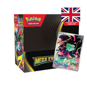 Pokémon Mega Evolution card collection storage box with Bulbasaur promotional card displayed.