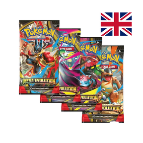 Four Pokémon Mega Evolution booster packs arranged in fan pattern