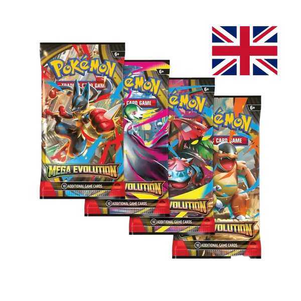 Four Pokémon Mega Evolution booster packs arranged in fan pattern