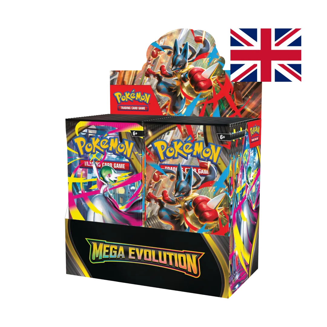 Pokémon Mega Evolution booster box display featuring colorful Pokémon artwork