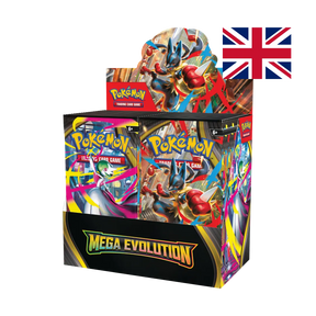 Pokémon Mega Evolution booster box display featuring colorful Pokémon artwork