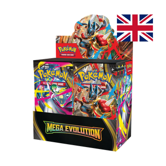 Pokémon Mega Evolution booster box display featuring colorful Pokémon artwork