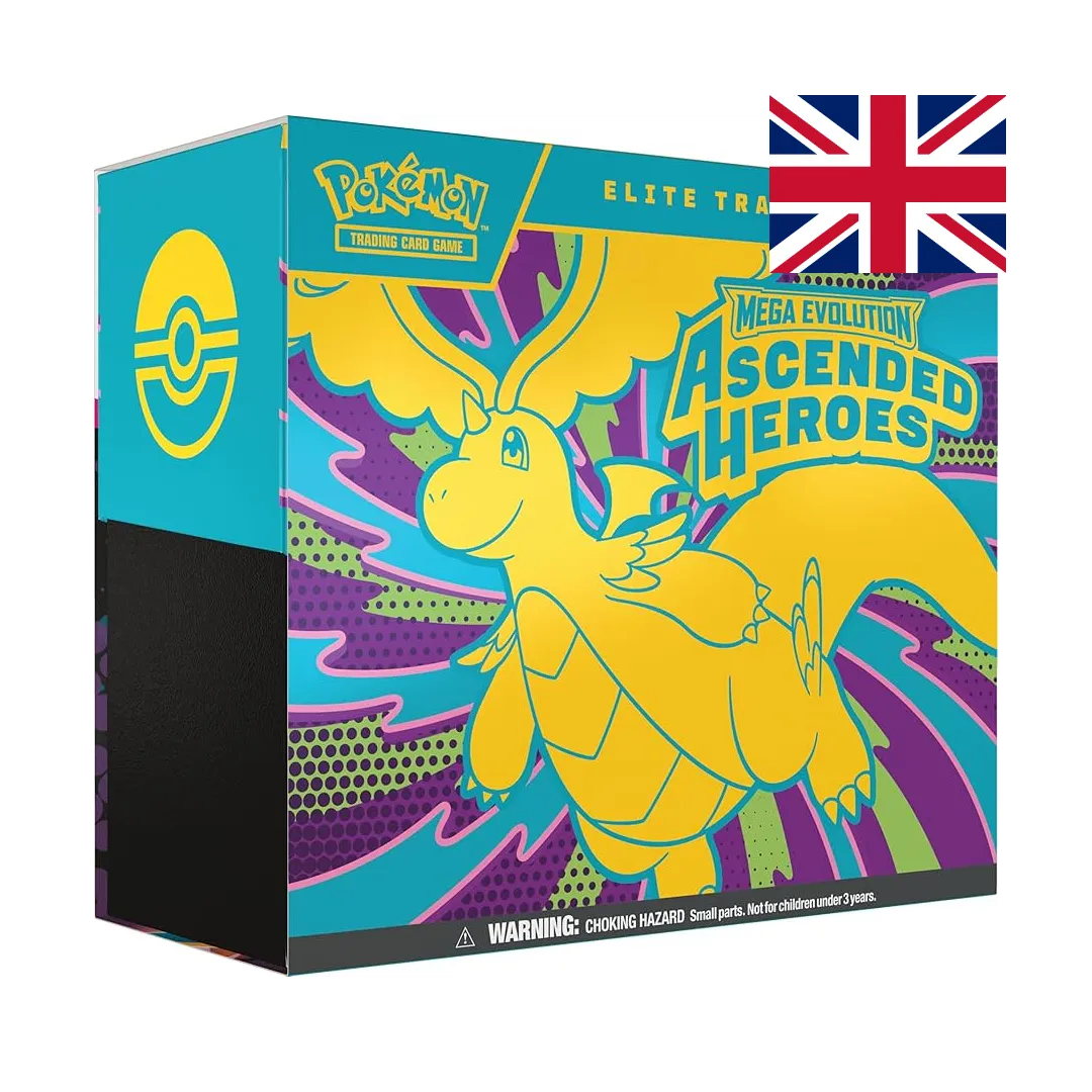 Elite Trainer Box di Mega Evolution—Ascended Heroes per Pokémon TCG. Include 9 bustine, 1 carta promo full-art foil di N's Zekrom, 65 sleeve, 40 carte Energia, dadi e scatola storage con divisori.