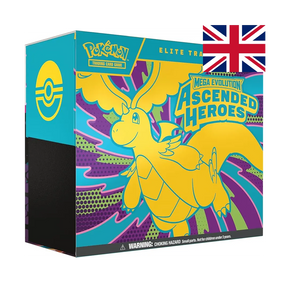 Elite Trainer Box di Mega Evolution—Ascended Heroes per Pokémon TCG. Include 9 bustine, 1 carta promo full-art foil di N's Zekrom, 65 sleeve, 40 carte Energia, dadi e scatola storage con divisori.