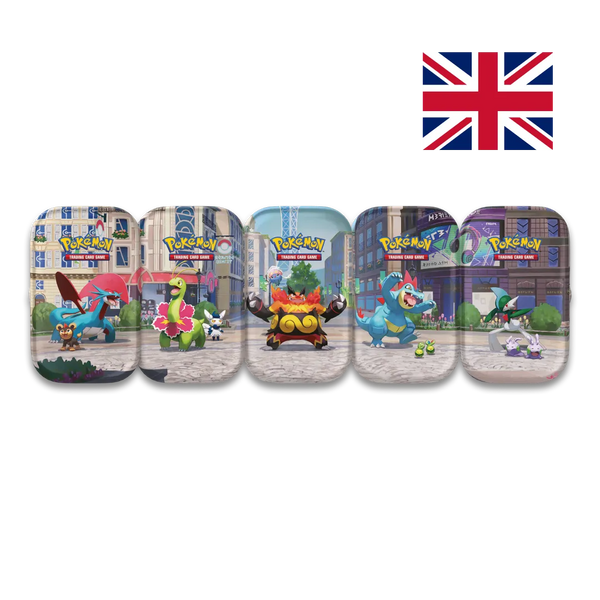 Bundle Lumiose City Pokémon TCG con tutte e cinque le Mini Tin da Collezione, una per artwork, in lingua inglese
