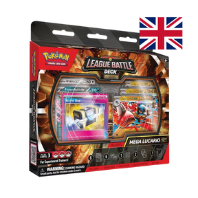 Mega Lucario ex League Battle Deck Pokémon TCG box in English, with the Mega Lucario ex card shown in the window