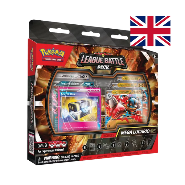 Confezione Mega Lucario ex League Battle Deck Pokémon TCG in lingua inglese con carta Mega Lucario ex in finestra