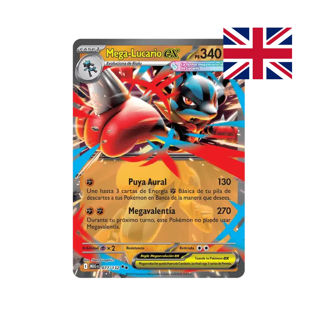 Full-art Mega Lucario ex card with 340 HP included in the Mega Lucario ex League Battle Deck Pokémon TCG