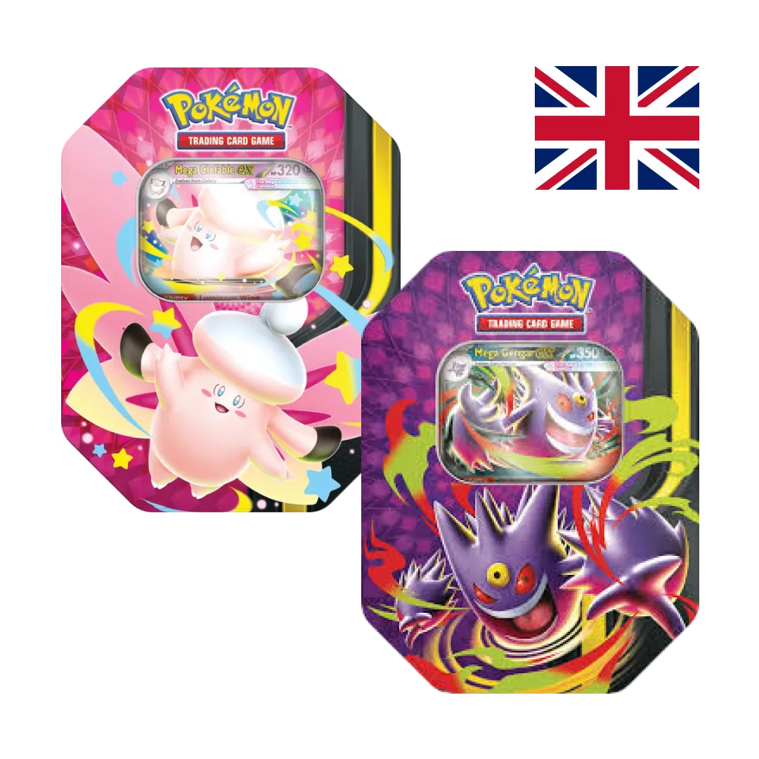 Moonlit Bundle Pokémon TCG with both Collector Tins, Mega Gengar-ex and Mega Clefable-ex, in English