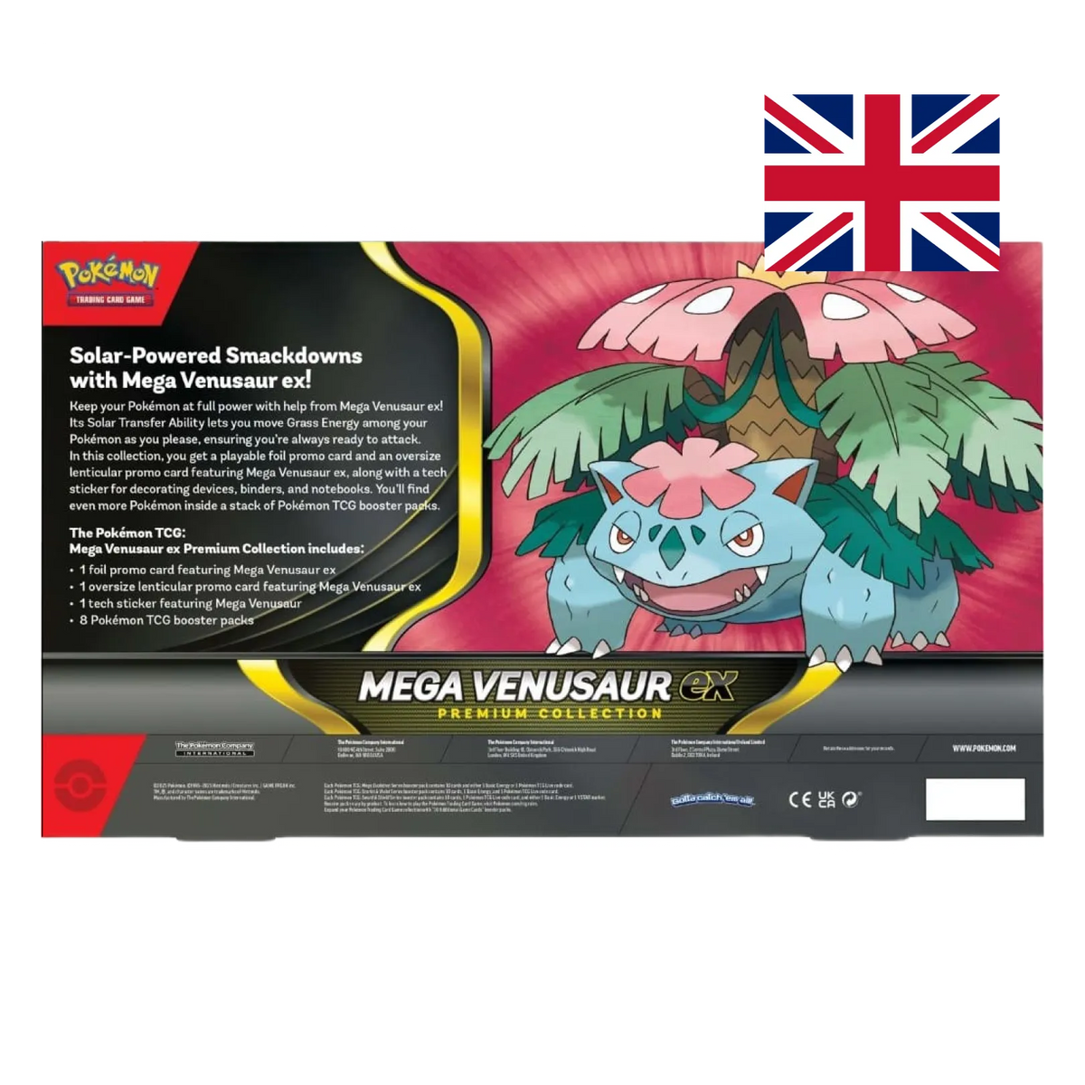 Mega Venusaur-ex Premium Collection retro confezione con artwork Pokémon TCG e contenuto dettagliato edizione inglese