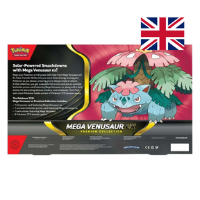 Mega Venusaur-ex Premium Collection retro confezione con artwork Pokémon TCG e contenuto dettagliato edizione inglese