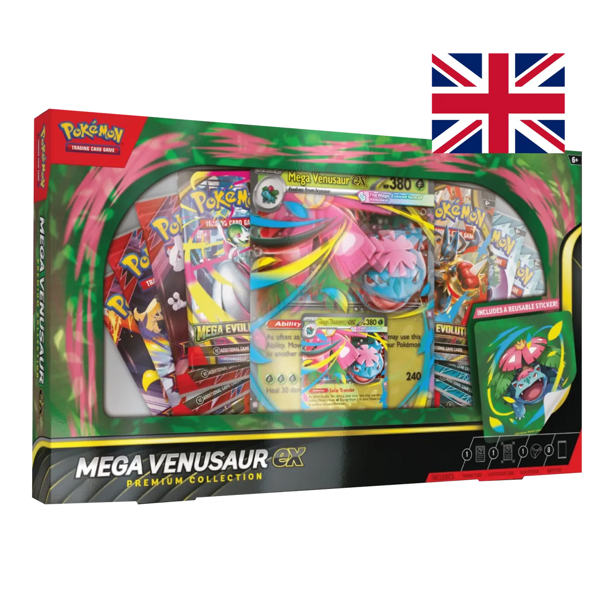 Mega Venusaur-ex Premium Collection Pokémon TCG box inglese con carte promo foil visibili e 8 buste booster