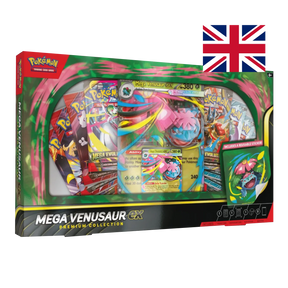 Mega Venusaur-ex Premium Collection Pokémon TCG box inglese con carte promo foil visibili e 8 buste booster