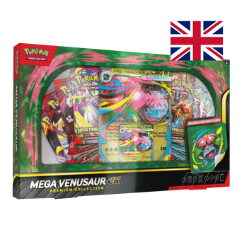 Mega Venusaur-ex Premium Collection Pokémon TCG box inglese con carte promo foil visibili e 8 buste booster
