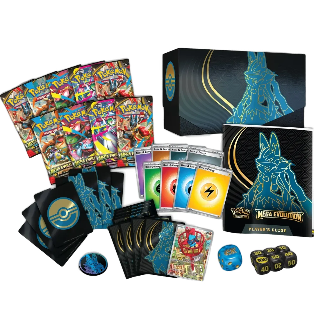 Contenuto del Set Allenatore Fuoriclasse di Mega Lucario EX con bustine di espansione, bustine protettive, energie e tantissimi accessori per il GCC Pokemon.