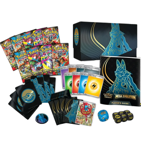 Contenuto del Set Allenatore Fuoriclasse di Mega Lucario EX con bustine di espansione, bustine protettive, energie e tantissimi accessori per il GCC Pokemon.
