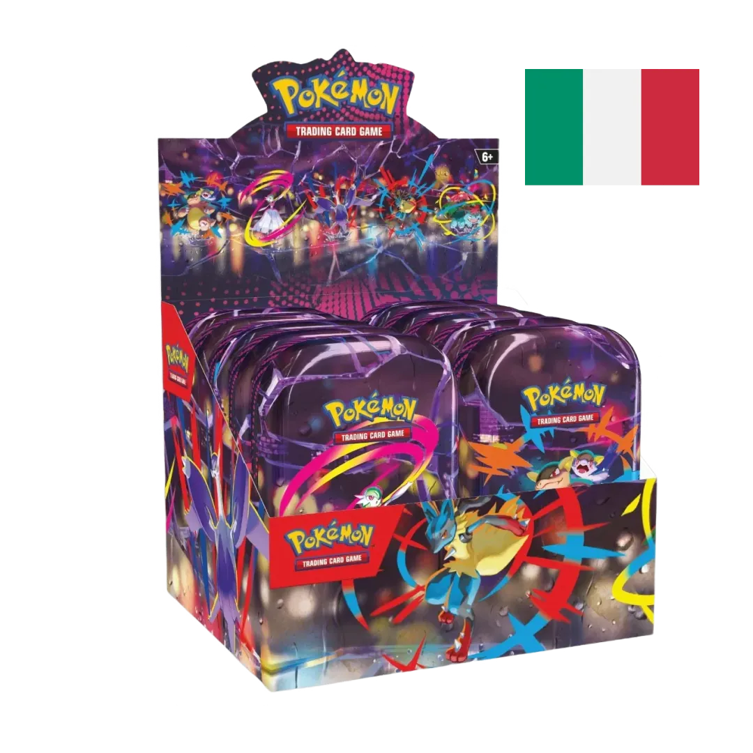 Scatola display di mini tin Pokémon con vari artwork colorati di Pokémon