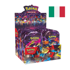 Scatola display di mini tin Pokémon con vari artwork colorati di Pokémon