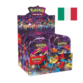 Scatola display di mini tin Pokémon con vari artwork colorati di Pokémon