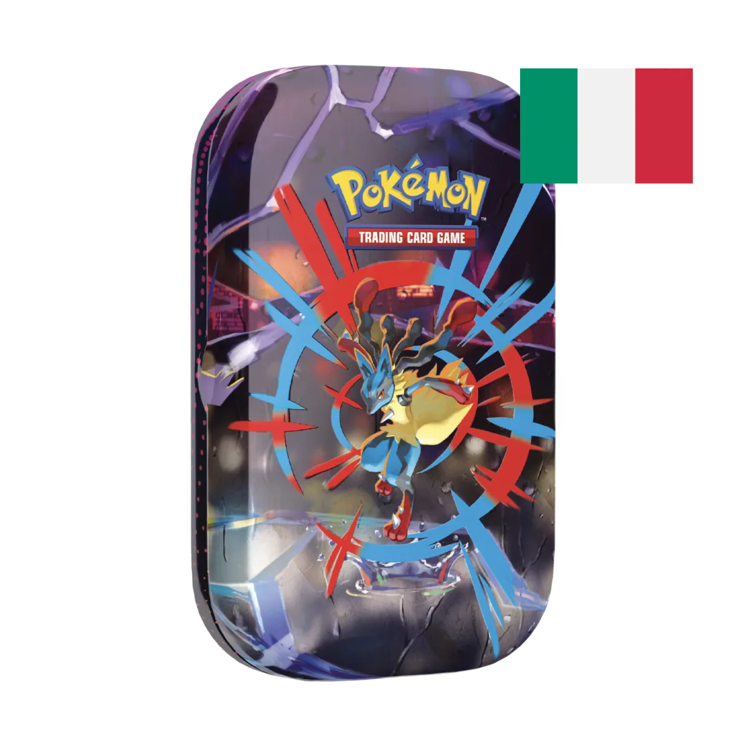 Mini tin Pokémon con Lucario in forma dinamica circondato da effetti energetici blu e rossi.