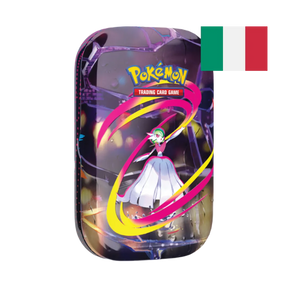 Mini tin Pokémon con Gardevoir, Pokémon psico-folletto, circondato da anelli energetici rosa e gialli.