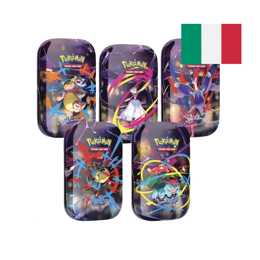 Collezione di cinque diversi mini tin Pokémon che mostrano vari Pokémon leggendari e potenti