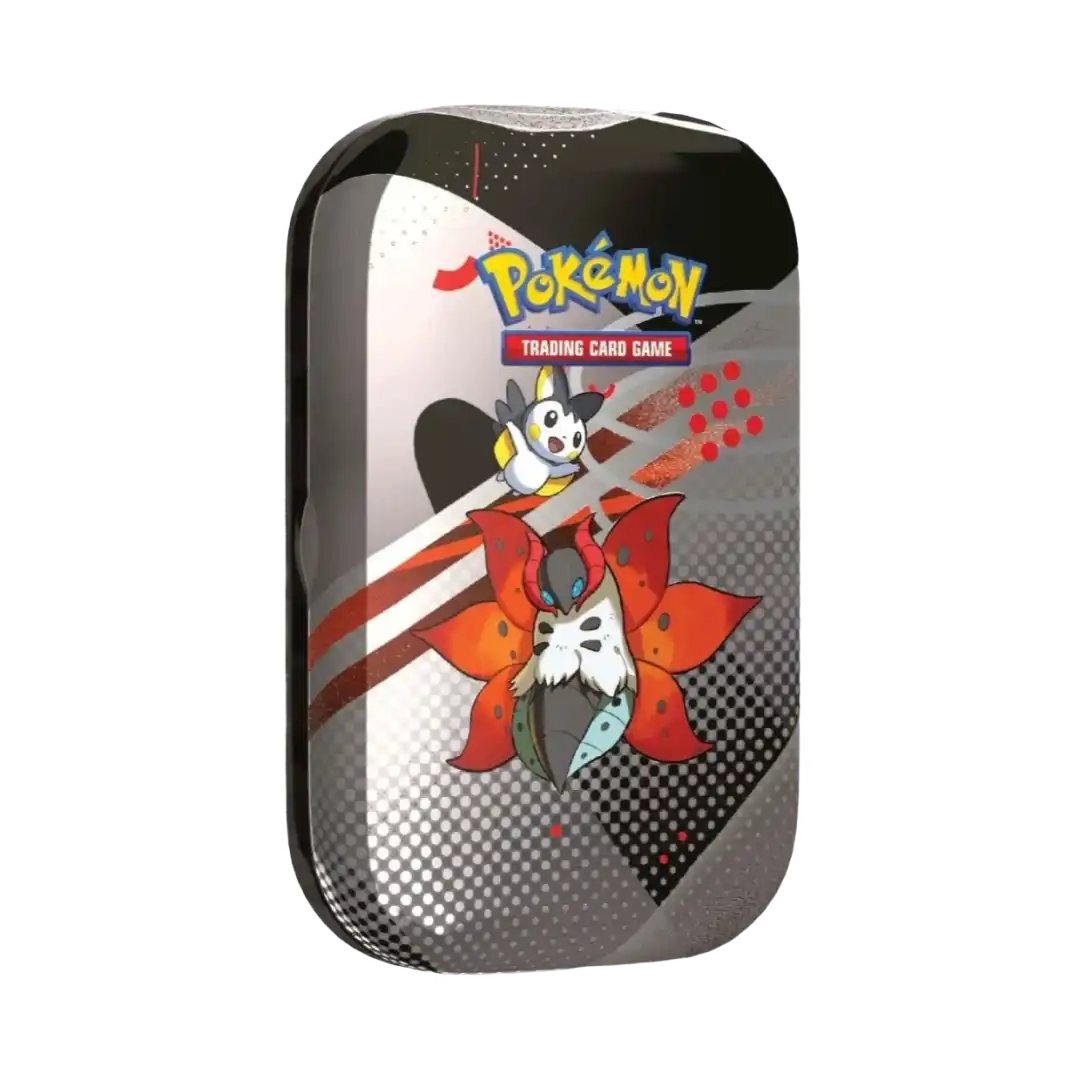 Pokemon Mini Tin Volcarona e Emolga Black Bolt White Flare con artwork esclusivo su design grigio e nero