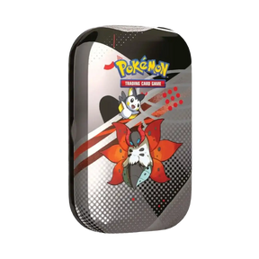 Pokemon Mini Tin Volcarona e Emolga Black Bolt White Flare con artwork esclusivo su design grigio e nero