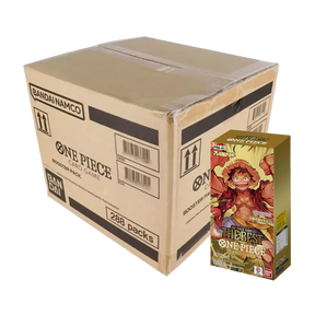  Immagine di un case contenente 288 pacchetti del "One Piece Card Game PRB01 Premium Booster". La scatola di cartone è etichettata con il logo di Bandai Namco e informazioni sul contenuto.
