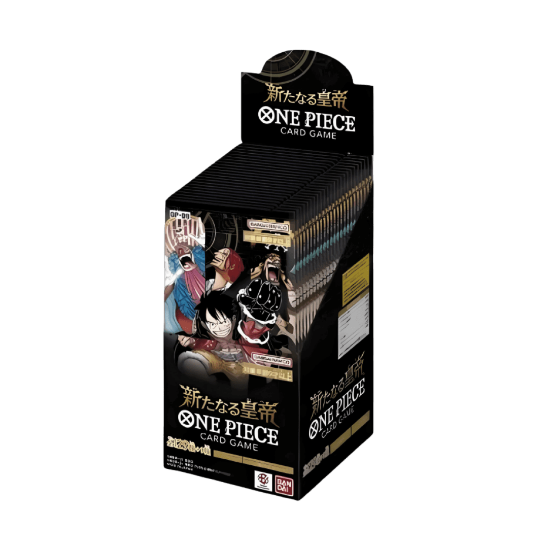 Espositore del prodotto OP09 Four Emperors di One Piece Card Game, contenente vari booster pack con personaggi iconici come Luffy e i Quattro Imperatori.