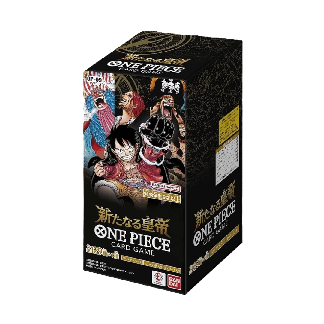 Scatola chiusa del prodotto OP09 Four Emperors di One Piece Card Game, con illustrazioni di Luffy e i Quattro Imperatori.