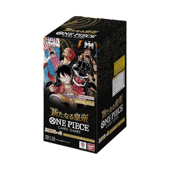 Scatola chiusa del prodotto OP09 Four Emperors di One Piece Card Game, con illustrazioni di Luffy e i Quattro Imperatori.