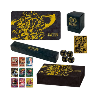 Contenuto completo del 2nd Anniversary Set con playmat, deck box, storage box, dadi, e carte esclusive.
