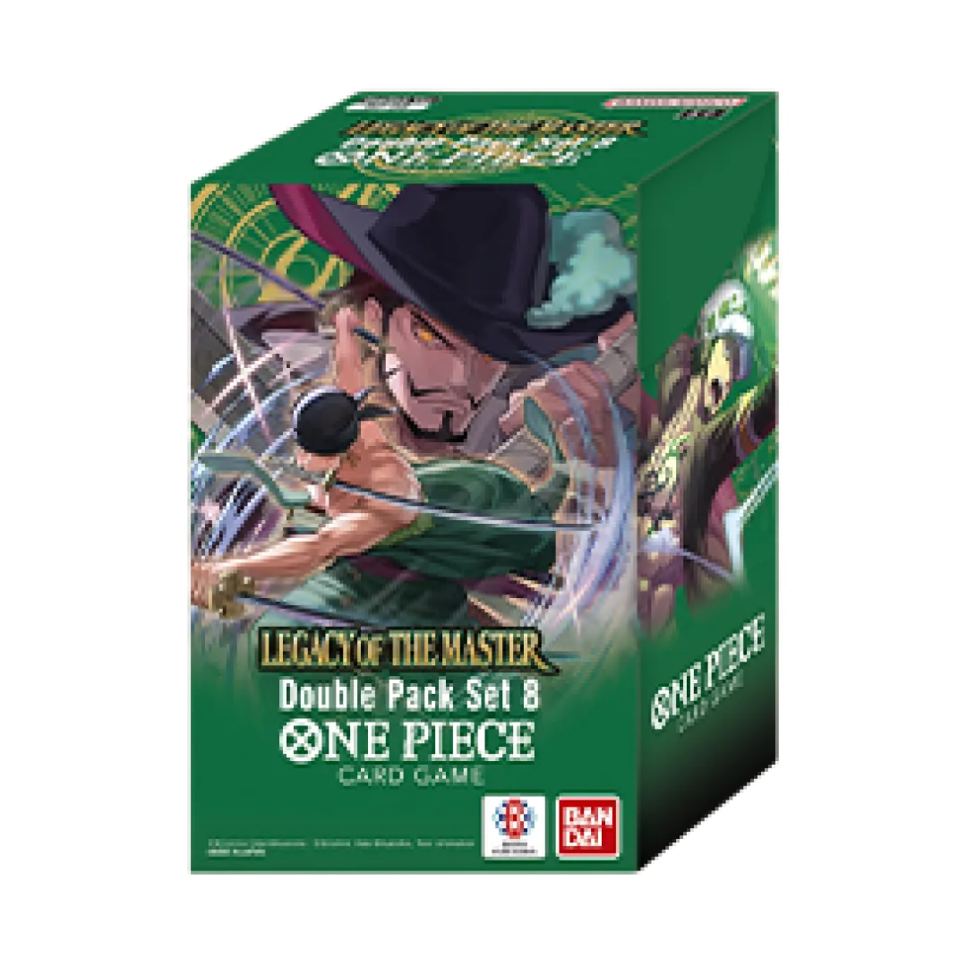 Double Pack di One Piece Card Game con illustrazione di Zoro insieme al maestro Mihawk