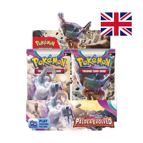 Pokemon Paldea Evolved Booster Box aperto mostra bustine interne e logo Play Pokemon TCG Live