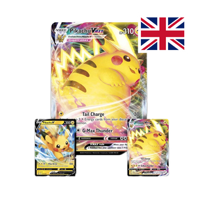 Pikachu VMAX trading card featuring vibrant artwork and details from the Pokémon TCG Crown Zenith set, with the UK flag indicating English language content.
