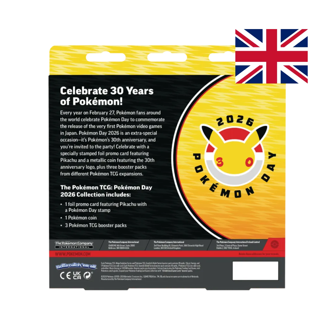 Retro collezione del Pokémon Day 2026 Collection celebra il 30° anniversario del franchise con 1 carta promo foil di Pikachu (timbro Pokémon Day), 1 moneta metallica con logo 30° anniversario e 3 bustine Pokémon TCG assortite.