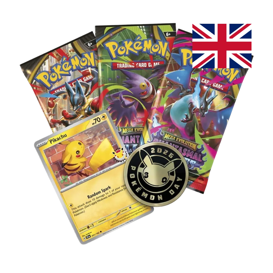 1 carta promo foil di Pikachu (timbro Pokémon Day), 1 moneta metallica con logo 30° anniversario e 3 bustine Pokémon TCG assortite.