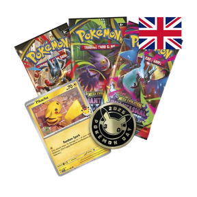 1 carta promo foil di Pikachu (timbro Pokémon Day), 1 moneta metallica con logo 30° anniversario e 3 bustine Pokémon TCG assortite.