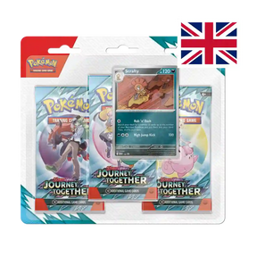 Pokémon TCG Scarlet & Violet – Journey Together 3-Pack Blister (UK Version) featuring a Scrafty promo card. The packaging includes three booster packs and a promotional card.