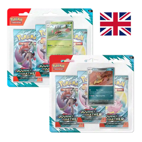 Two Pokémon TCG Scarlet & Violet – Journey Together 3-Pack Blister packs (UK Version), one featuring a Yanmega promo card and the other featuring a Scrafty promo card. Each pack contains three booster packs and a promotional card.