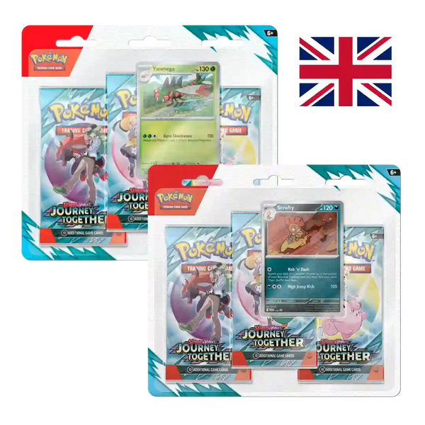 Two Pokémon TCG Scarlet & Violet – Journey Together 3-Pack Blister packs (UK Version), one featuring a Yanmega promo card and the other featuring a Scrafty promo card. Each pack contains three booster packs and a promotional card.
