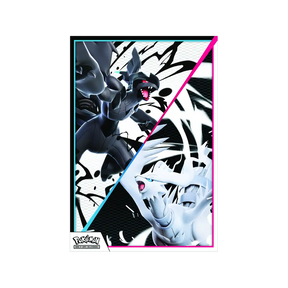 Pokémon poster Reshiram vs Zekrom artwork bianco e nero stile monocromatico Luce Nera Fuoco Bianco