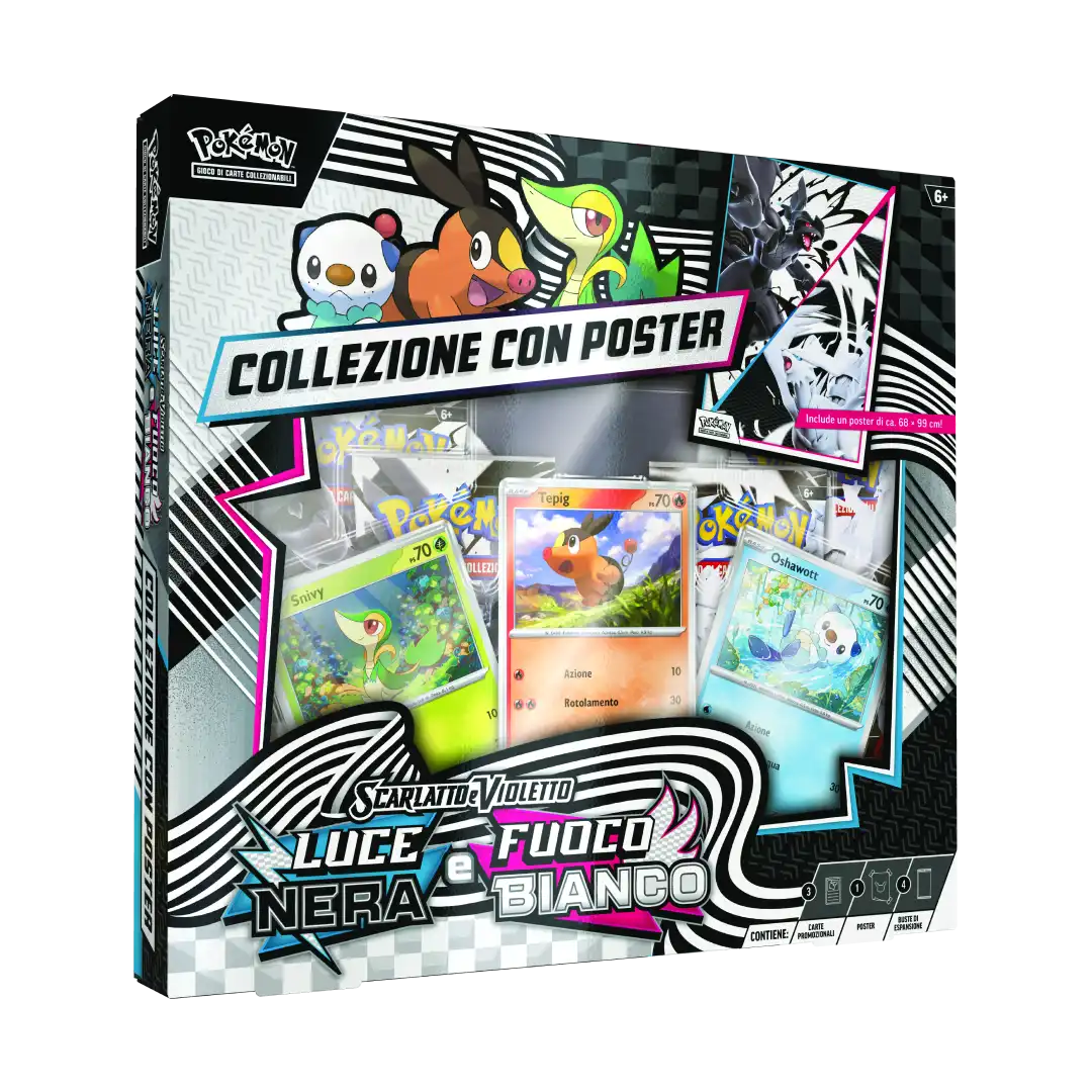 Pokémon Collezione con Poster Luce Nera e Fuoco Bianco confezione fronte con Snivy Tepig Oshawott carte promozionali