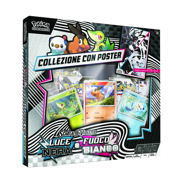 Pokémon Collezione con Poster Luce Nera e Fuoco Bianco confezione fronte con Snivy Tepig Oshawott carte promozionali