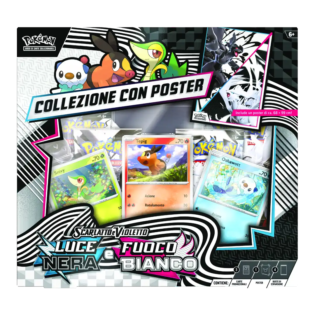 Pokémon Collezione con Poster Luce Nera e Fuoco Bianco dettaglio carte promozionali starter Unima e contenuti