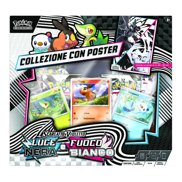 Pokémon Collezione con Poster Luce Nera e Fuoco Bianco dettaglio carte promozionali starter Unima e contenuti