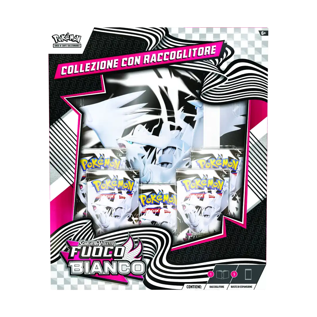 Pokémon Collezione con Raccoglitore Fuoco Bianco vista frontale con Reshiram leggendario e bustine espansione