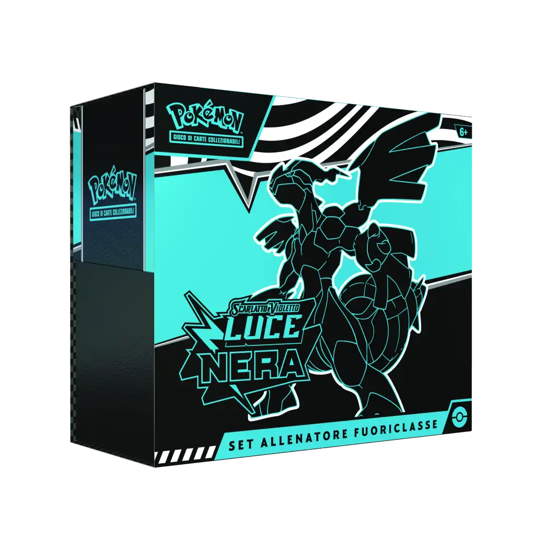 Box Set Allenatore Fuoriclasse Pokémon Luce Nera vista laterale, confezione azzurra e nera con Zekrom in copertina.