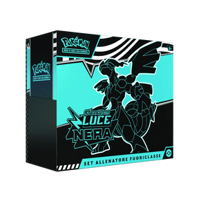 Box Set Allenatore Fuoriclasse Pokémon Luce Nera vista laterale, confezione azzurra e nera con Zekrom in copertina.